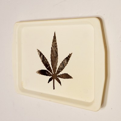Vintage Marijuana Cannabis Plastic Rolling Tray 6.5''x9.5'' Off White Gold Leaf