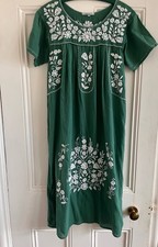 ORIGEN Green Midi Dress Embroidered 100% Cotton Boho size S/M