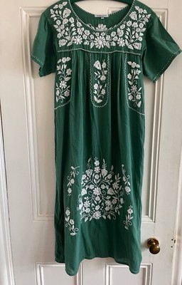 ORIGEN Green Midi Dress Embroidered 100% Cotton Boho size S/M