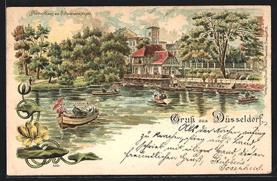 Lithographie Düsseldorf, Fischerhaus am Schwanenspiegel, Ruderer auf dem Wasser 