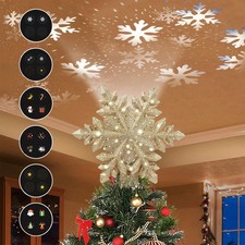 Lighted Christmas Tree Topper Golden Snowflake LED Rotating Glitter 3D Topper