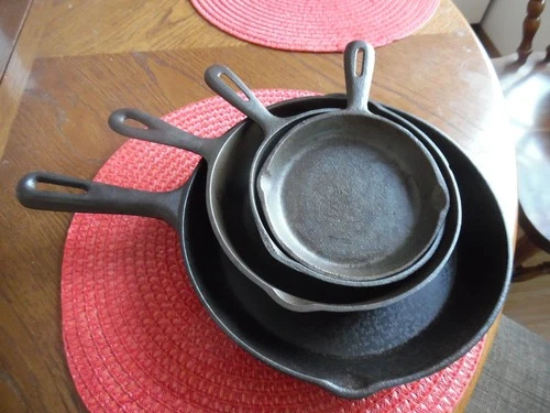 4 Vtg cast iron Skillets BSR 5 8 1/8 & 2 Farmhouse Decor C-PICS Read Description