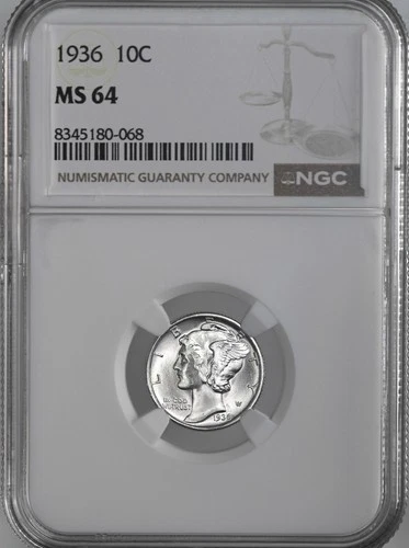 1936-P  10C  MERCURY SILVER DIME  "PHILADELPHIA MINT"  NGC MS64 #8345180-068