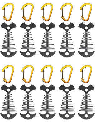 10pc Silver Deck Tie Down Anchors Fishbone Tent Pegs With Carabiners Aluminum Te