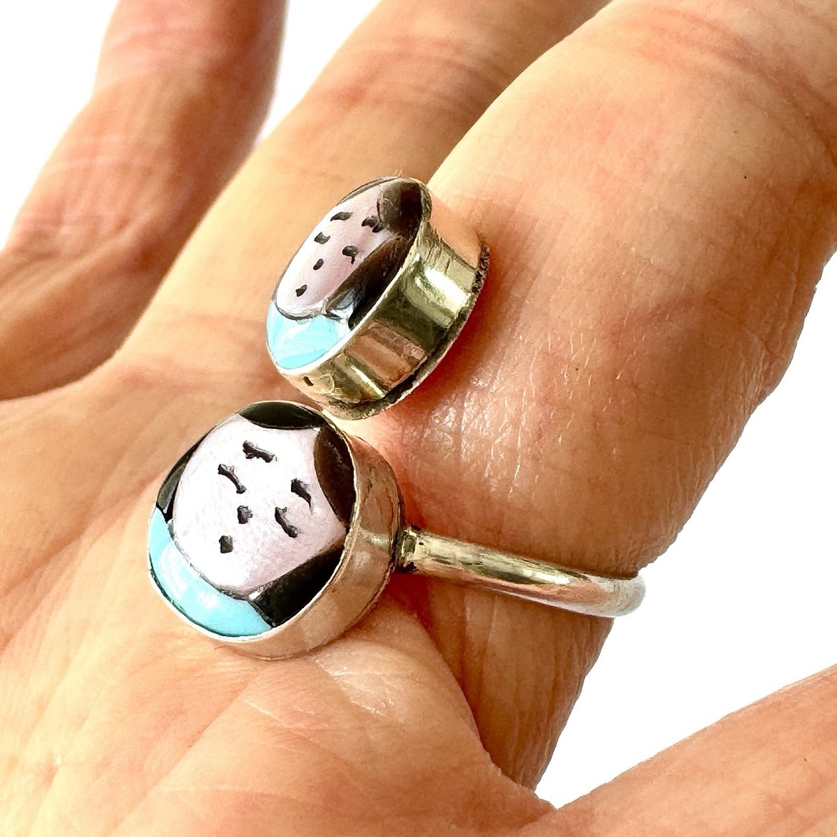 Zuni Indian Maiden Ring Wrap Adjustable Sz 7.5 Turquoise Inlay