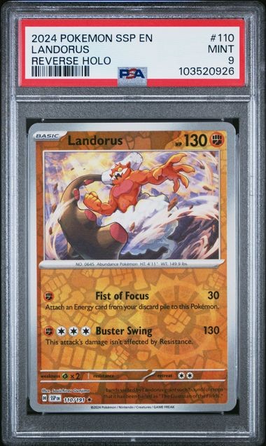 2024 POKEMON SSP EN #110 LANDORUS REVERSE HOLO PSA 9 SURGING SPARKS POP 3