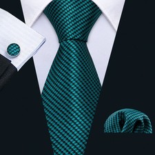 Mens Tie Teal Necktie Handkerchief Cufflinks Set Wedding Cosplay Party Office
