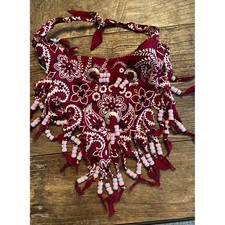 Handmade Beaded Fringe Paisley Bandana Burgundy Concho Festival Western Style