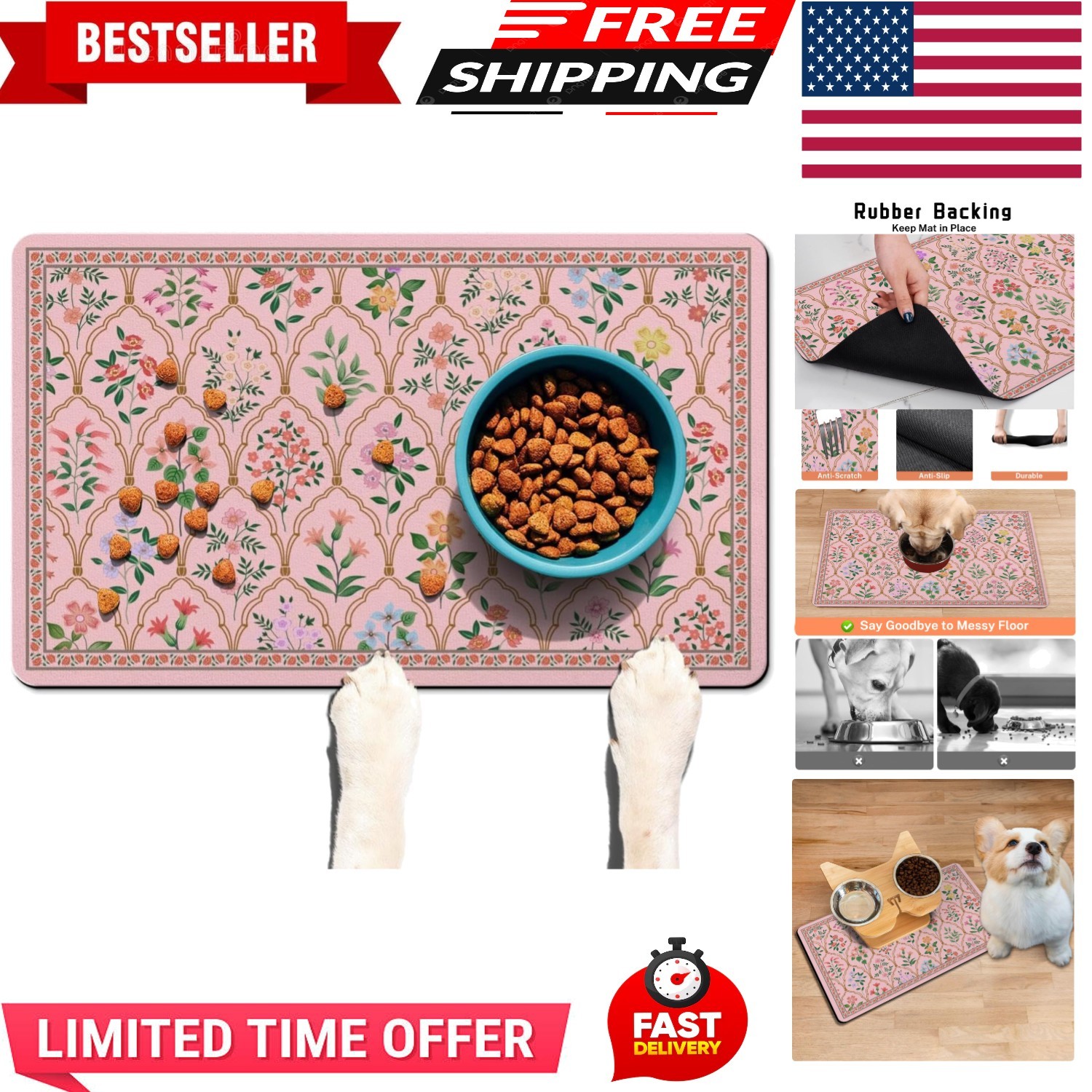 Mat With Pink Floral Design - 12x20 Waterproof & Easy Clean