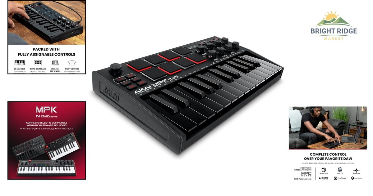 25-Key Portable MIDI Controller with Touch Sensitive Pads and