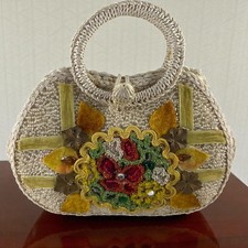 Vintage Made in Japan 1960's Era Raffia Round Top Straw Purse Silk Flowers