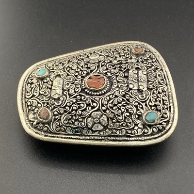 Turquoise Coral Double Side Hand carved Old Unique Vintage Tibetan Belt Buckle
