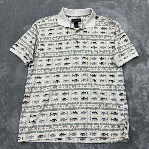Field & Stream Shirt Mens Large Ivory Fish Short Sleeve Polo Outdoor Work Casual