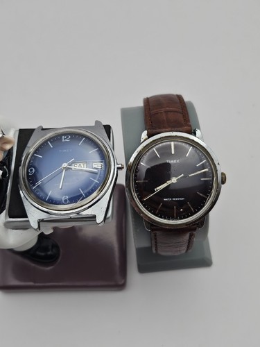 Pair of Vintage Timex Mechanical Wind Blue and Maroon Dial Day Date Silver Tone