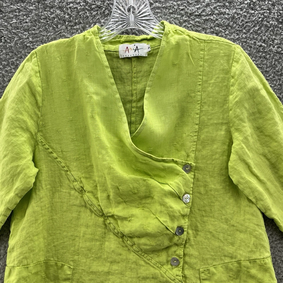 AriA 自制衬衫女式小号绿色亚麻休闲艺术波西米亚意大利束腰上衣 — 第 2/4 张图片