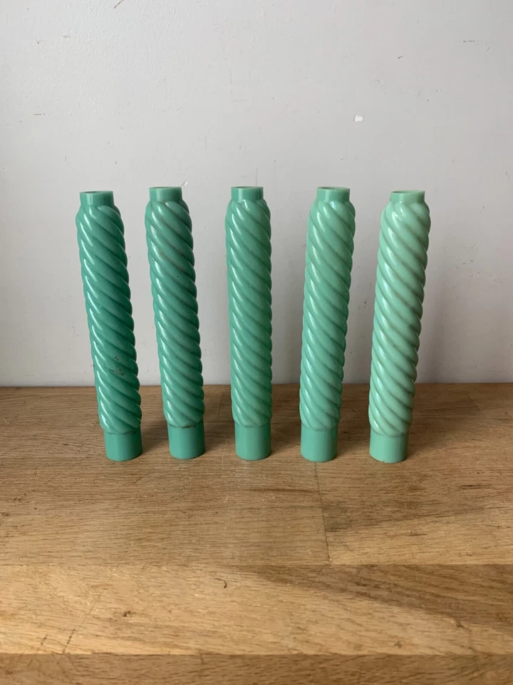 5 anciennes fausses bougies en opaline verte torsadée, lustrerie très ancienne - Photo 3/3