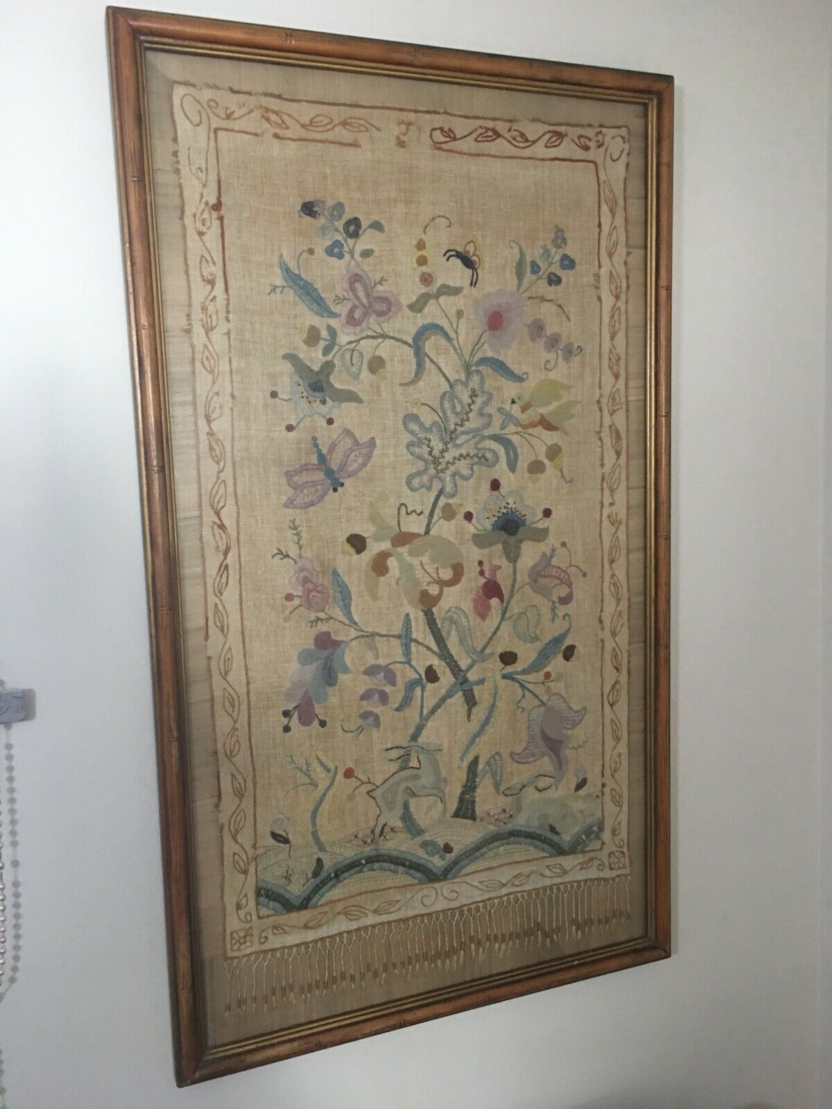 C. 1800's Tree of Life Hand Made From Homegrown Flax Needlepoint Family Tapestry