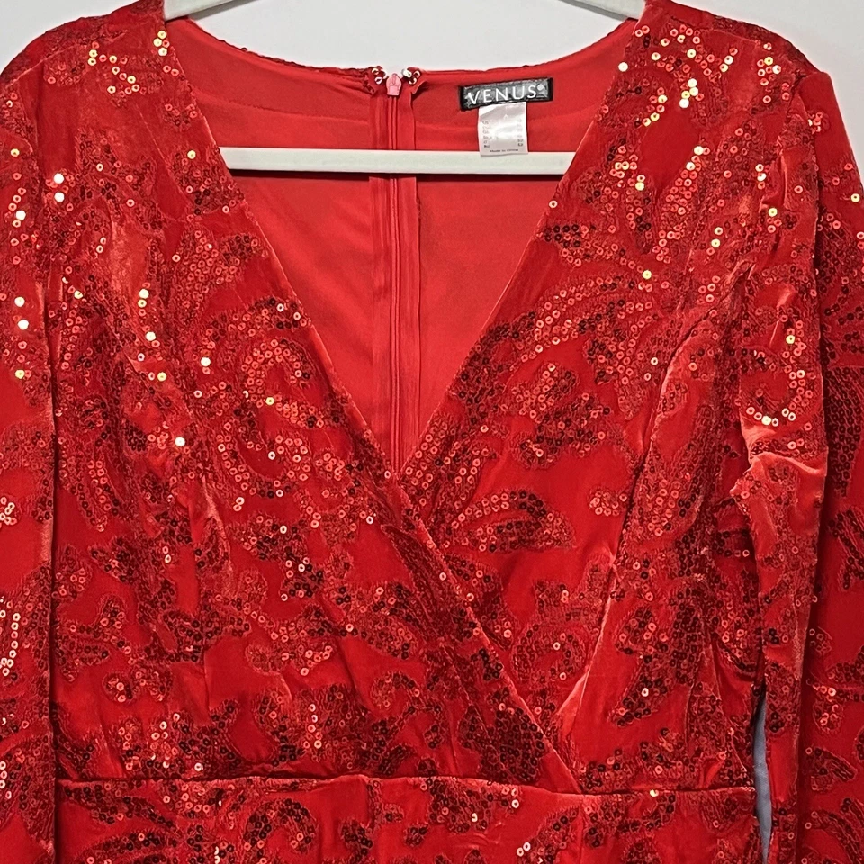 VENUS Red Velvet Sheath Dress Sequins Floral Size 12 Stretch Romantic Holiday - Image 2 of 4