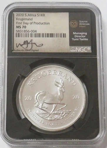2020 SILVER SOUTH AFRICA KRUGERRAND NGC MS 70 TUMI TSEHLO SIGNED FIRST DAY FDOP