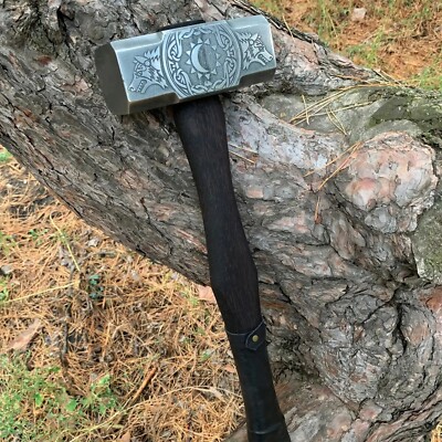 Viking Hammer - Hand Forged Carbon Steel, Intricately Etched, Ash Wood Handle