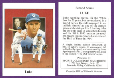 Luke Appling White Sox 1989 Sports Coll. Warehouse Christopher Paluso Art Promo