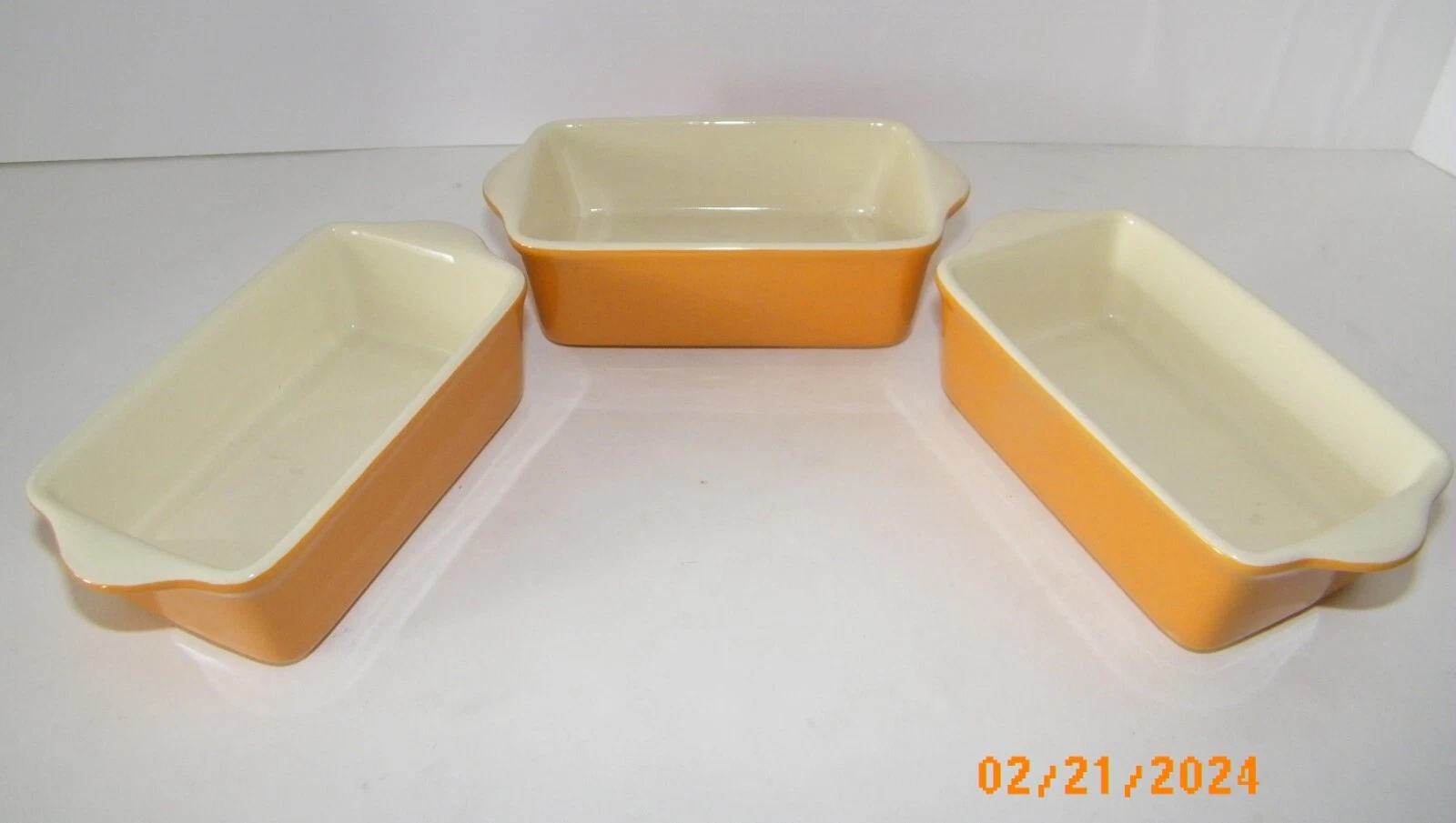 NATURAL ELEMENTS Ceramic Mini Loaf Dishes Orange w/Cream Set 3 EUC