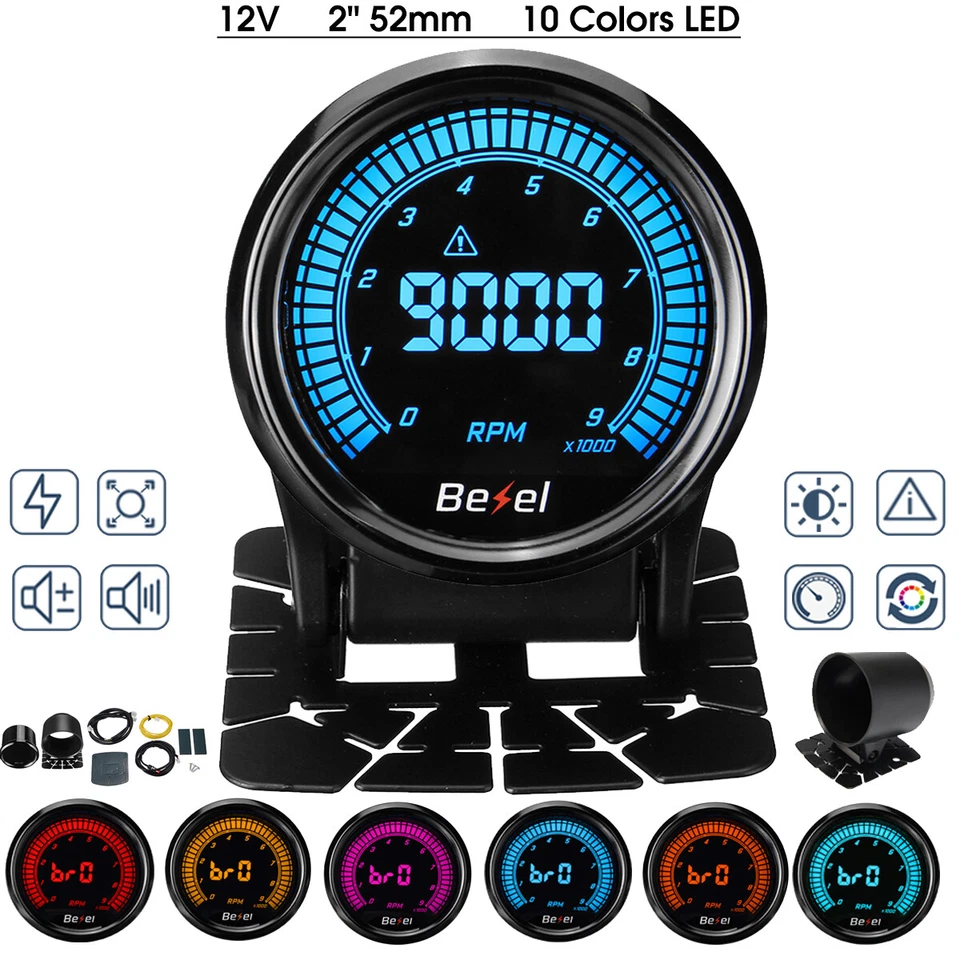0-9000RPM 2'' 52mm Car Tachometer Tacho Gauge Meter Digital LED Display Aluminum - Image 2 of 4
