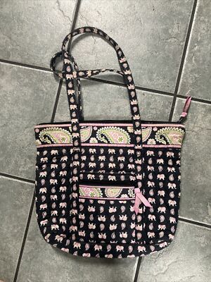 Vera Bradley Pink Elephant Quilted Zip Top Tote Bag Shoulder Bag