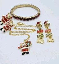 Santa Christmas Necklace Bracelet Earring Lot Gold tone Set of 4 Enamel