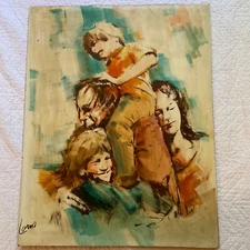 VINTAGE 70s family portrait original painting  hand painted man woman children