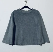 Zara Womens Small Fuzzy Bell Sleeve Sweatshirt Raw Hem Gray Boxy Lagenlook