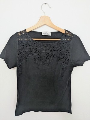 Valentino Garavani Les Tricots Top Damen schwarz Stickerei Baumwolle Größe 48 Vintage