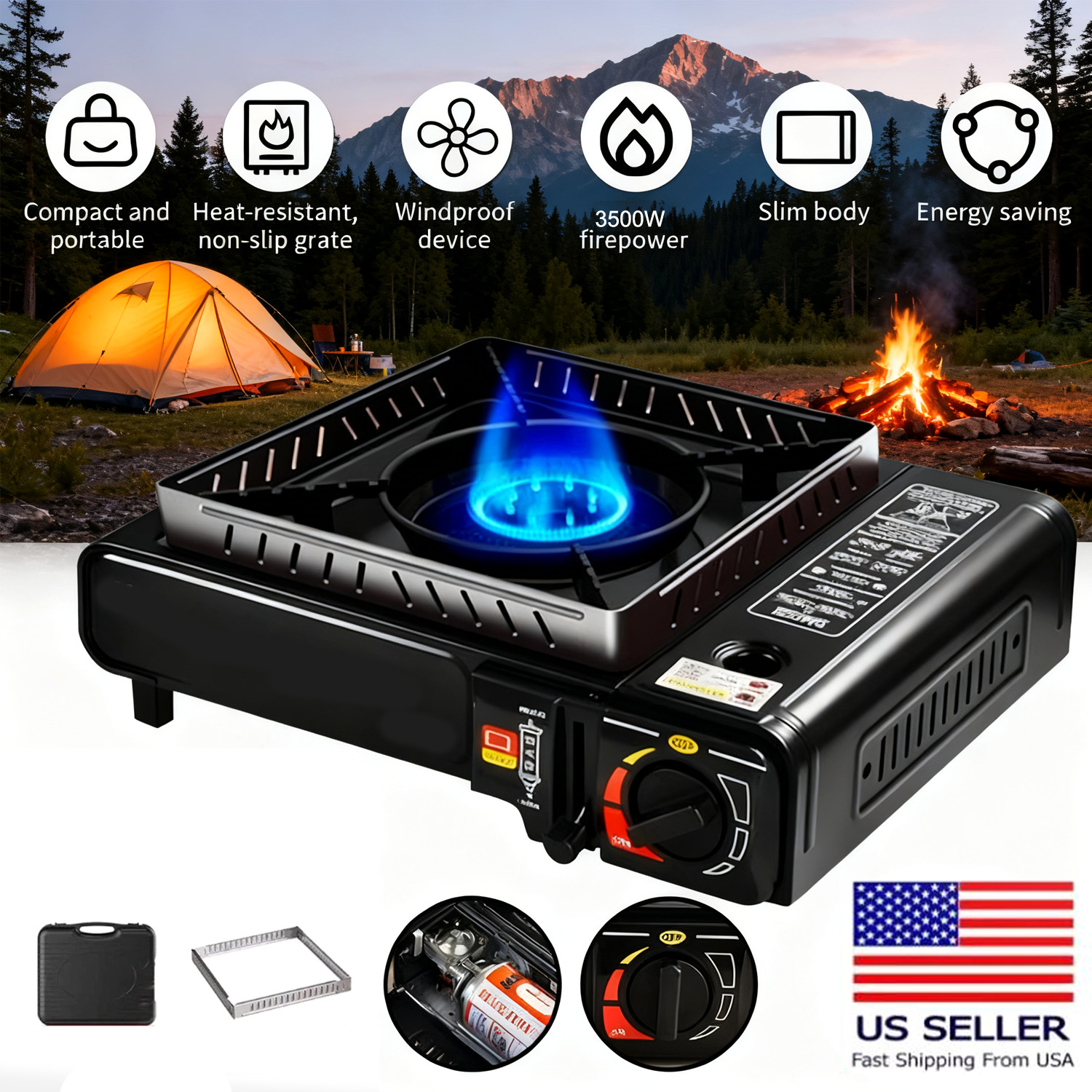 3500W Camping Stove Propane&Butane Windproof Fire Dual Fuel 