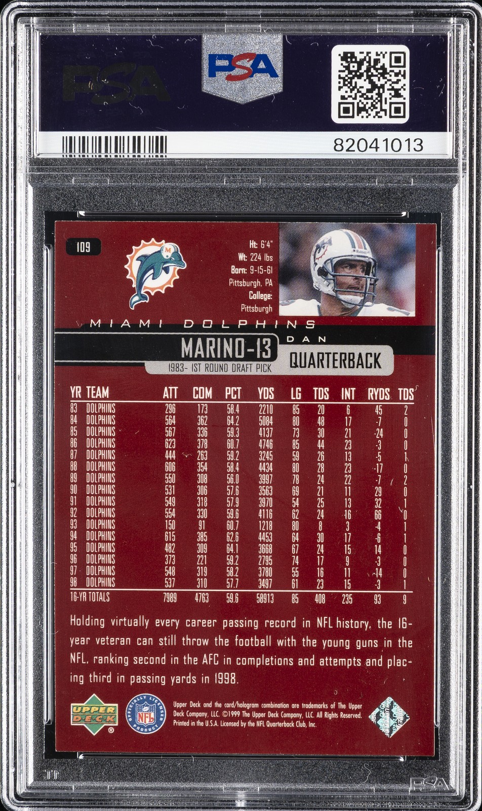 1999 UD #109 DAN MARINO PSA 10 view 2