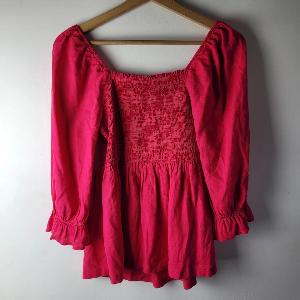 M&S Women Size 8 Pink Linen Blend Smocked Square Neck Top Blouse Summer Casual - Image 2 of 4