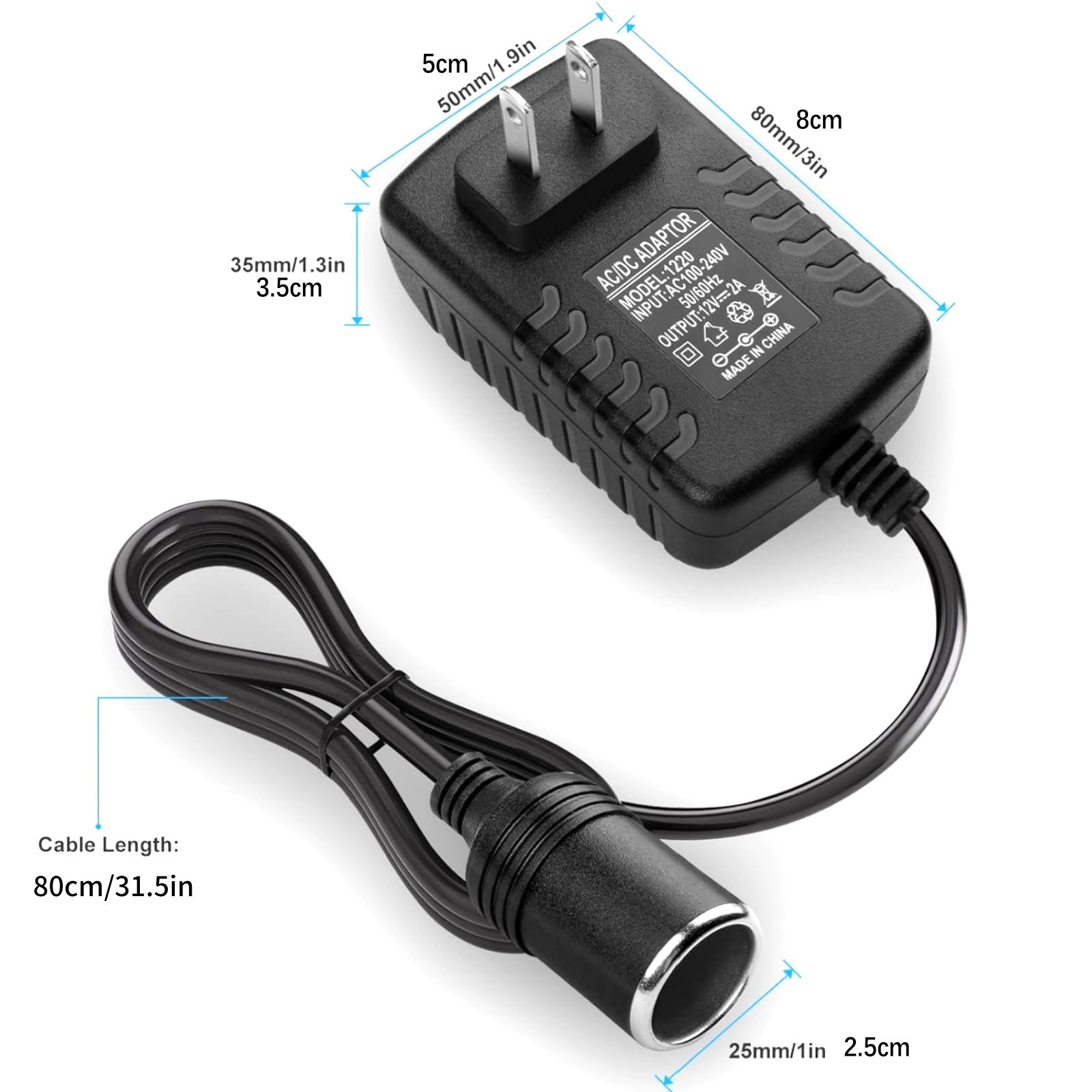 12V-2A Standard US 2-Pins Plug Car Cigarette Lighter Converter Socket Adapter