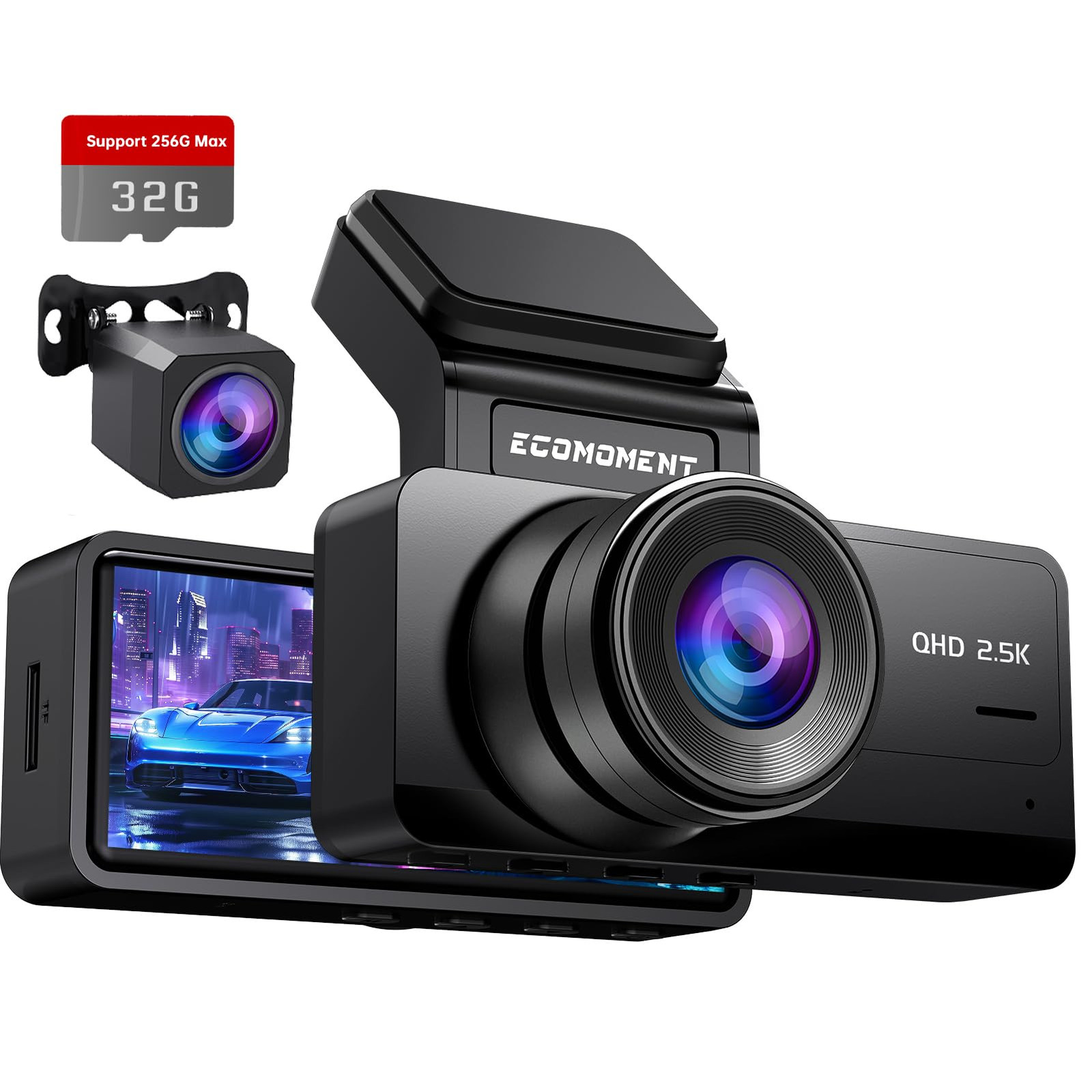 Dash Cam Front and Rear: 2.5K+1080P Dual Car Camera S70 with Night Vision and GPS-image