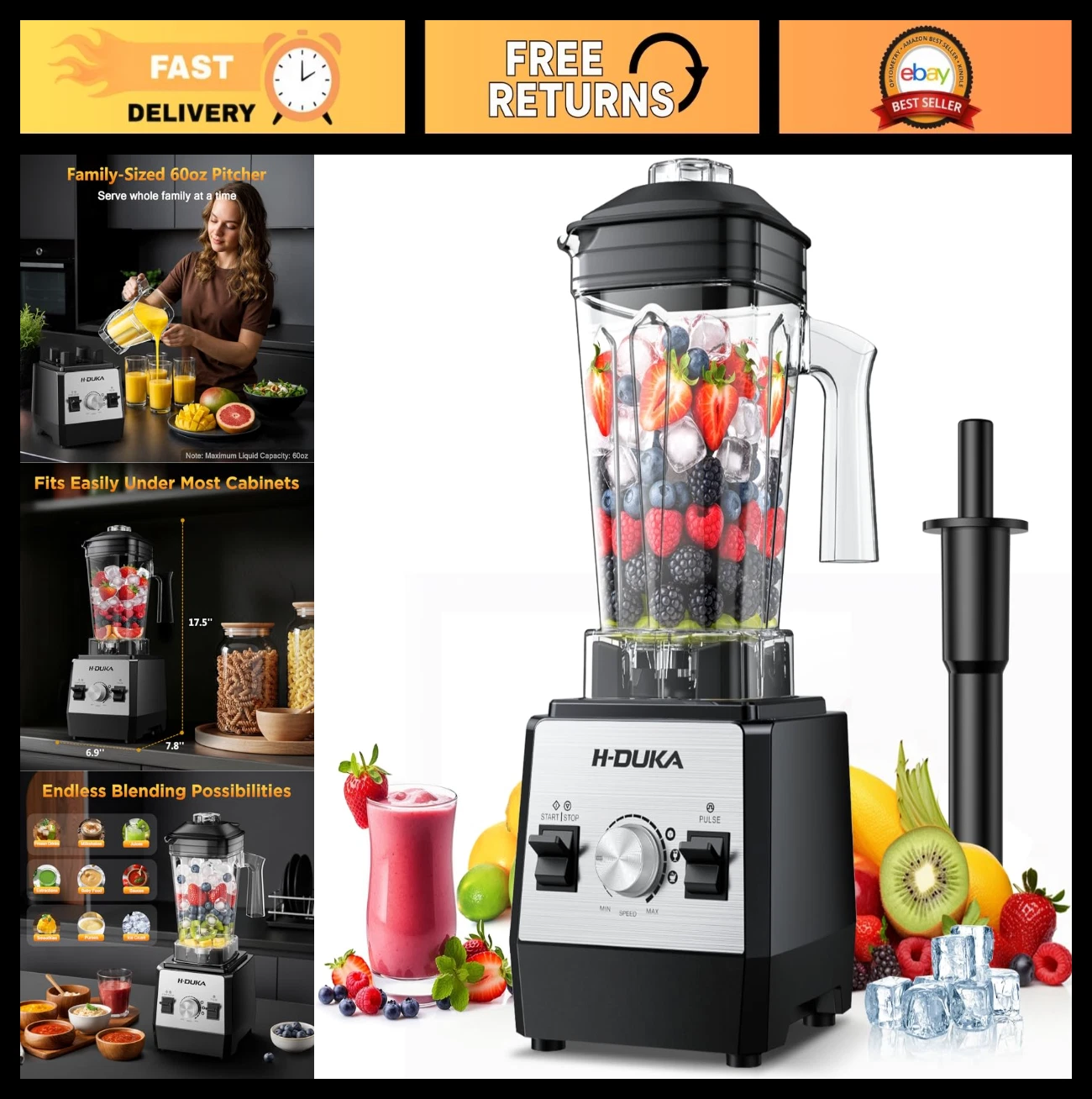 64 Oz Smoothie Blender - Ice Crushing, BPA-Free, Kitchen Blender for Baby Food &