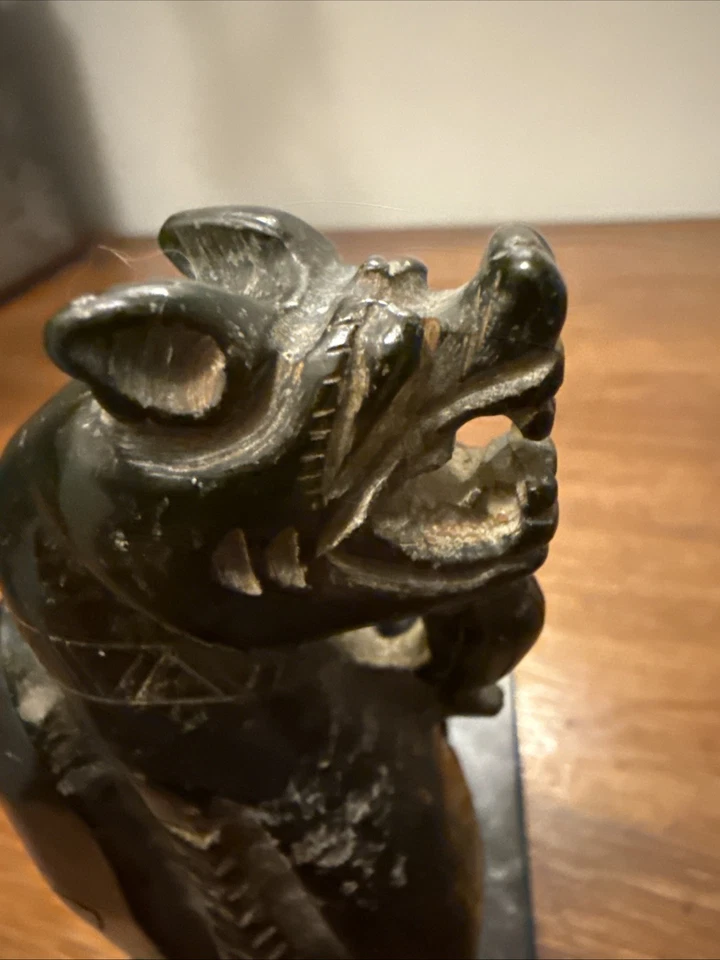 "Antiguo león guardián chino duro negro piedra tallada Foo Dogs 4""" Foto 3 de 4