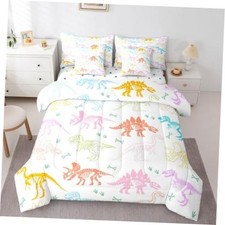 Dinosaur Comforter Set with Sheets for Kids Boys Girls 7 Pieces Twin White Pink