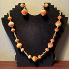 Vintage Orange And Yellow Beaded Necklace & Clip On Earrings Costume Jewelry