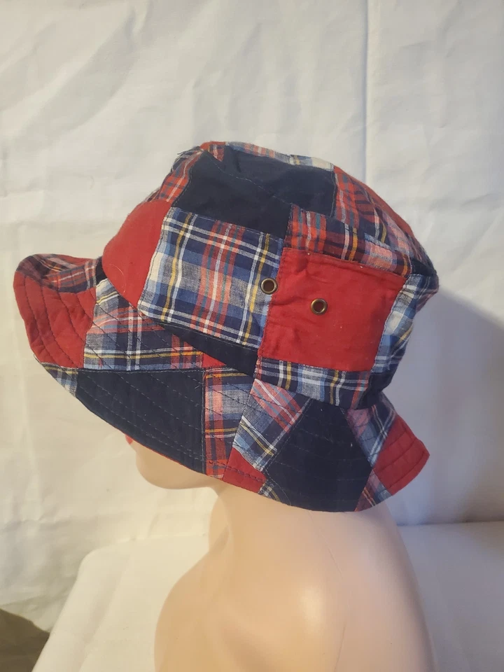 Liz Claiborne Patchwork Cuadros Sombrero Cubo Rojo Azul De Colección Algodón Hecho en Taiwán Foto 4 de 4