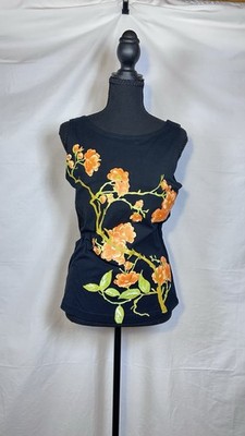 GAIAM Women's Black Floral Knit Sleeveless Tank Top Round Neck L Organic Cotton