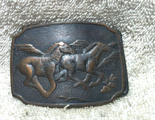 Dull Gold Tone Galloping Horses On Range Belt Buckle Great Vintage Shape