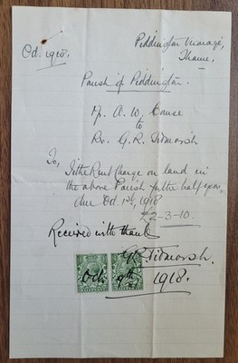 1918 Piddington Vicarage, Thame.  A. W. Cause to Reverend Tidmarsh Quittung