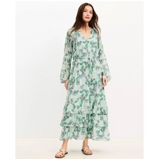 LOFT NWT Gardenia Maxi Dress Ruffle Tiered V Neck Long Sleeve Blue Green Medium