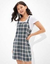 AEO American Eagle Plaid Overall Jumper Dress Blue/Gray NEW Preppy Academia M