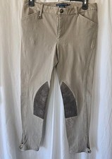 Ralph Lauren Riding Pants Womens Sz 8 Equestrian Suede Patch Khaki Button Bottom