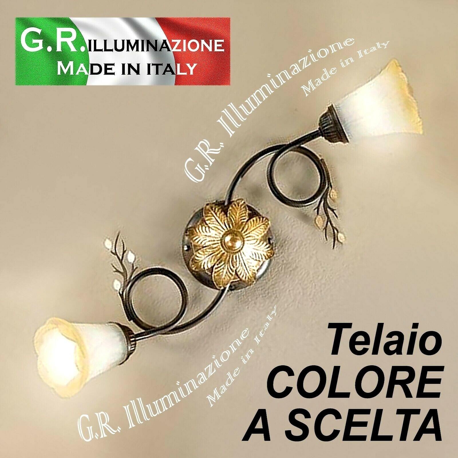 Plafoniera Ferro Battuto 2 Luci Flower Bianco Oro - Info Tecniche
