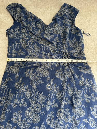 GINA BACCONI NAVY PATTERNED CHIFFON /JEWEL ACCENT COWL NECK DRESS SIZE 14 - Picture 17 of 19